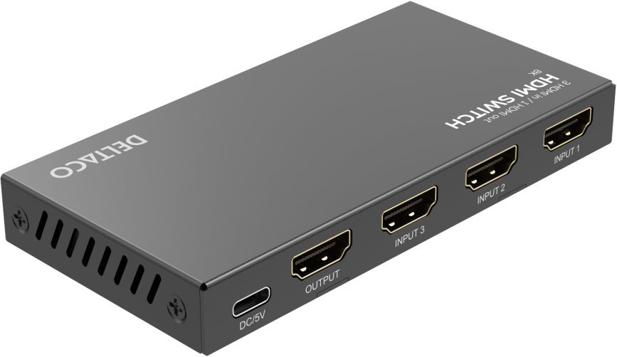 Deltaco HDMI przełącznik, 3 wejścia do 1 wyjścia, 8K 60Hz, z pilotem zdalnego sterowania / HDMI-7053 / 1903451