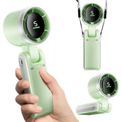 Wentylatory - Miniaturowy, przenośny, składany wentylator, ładowany przez USB, 5 prędkości, wyświetlacz cyfrowy, idealny w podróży i na kempingu, zielony - miniaturka - grafika 1