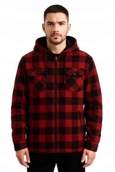 KURTKA MĘSKA Z OCIEPLENIEM W KRATĘ Z KAPTUREM PLUS SIZE 3XL 1J9A