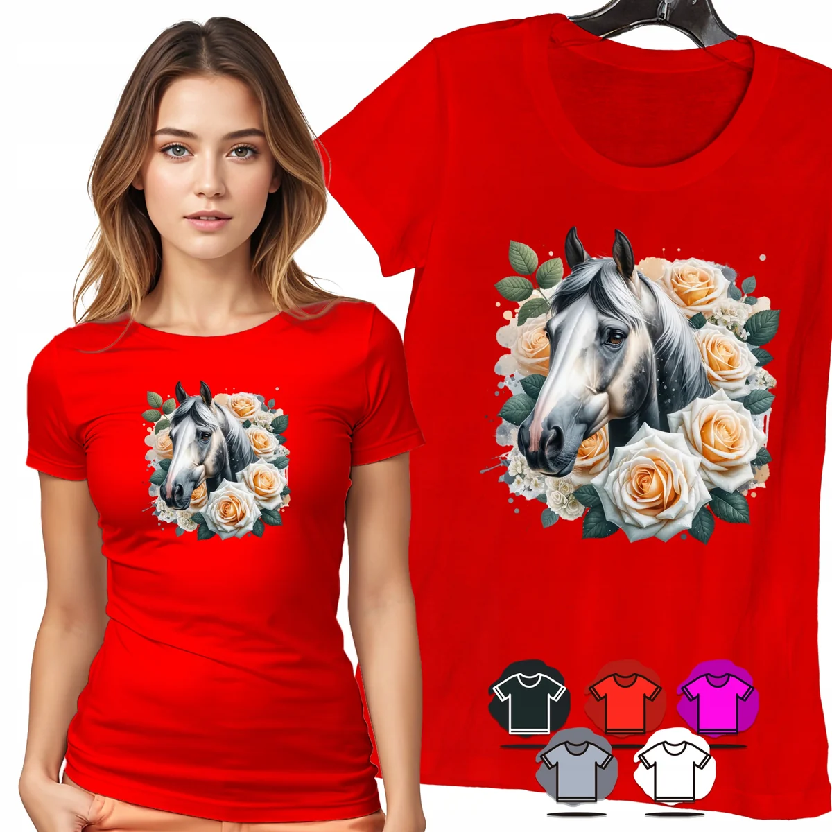 KOSZULKA DAMSKA T-SHIRT - BIAŁY KOŃ I RÓŻE ELEGANCKI PORTRET DAMSKI - M