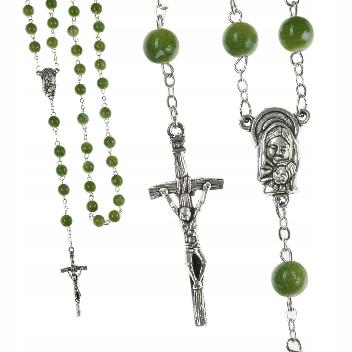 Różaniec Na Szyję Paciorki Marmurek Do Ręki Matka Boża Zielony 8Mm