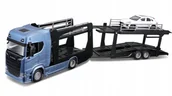 Samochody i pojazdy dla dzieci - CIĘŻARÓWKA SCANIA 770 S LAWETA PORSCHE MACAN 1:43 MODEL BBURAGO 18-31467 - miniaturka - grafika 1