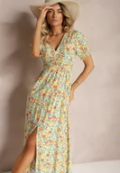 Sukienki - Pomarańczowa Wiskozowa Sukienka Wykończona Marszczeniem Rozcięciem na Nogę i Gumką w Pasie Missalene - miniaturka - grafika 1