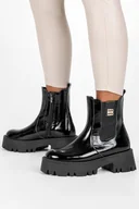 Botki damskie - Czarne botki skórzane damskie na platformie lakierowane z gumką złota ozdoba PRODUKT POLSKI Casu 60453-37 - miniaturka - grafika 1