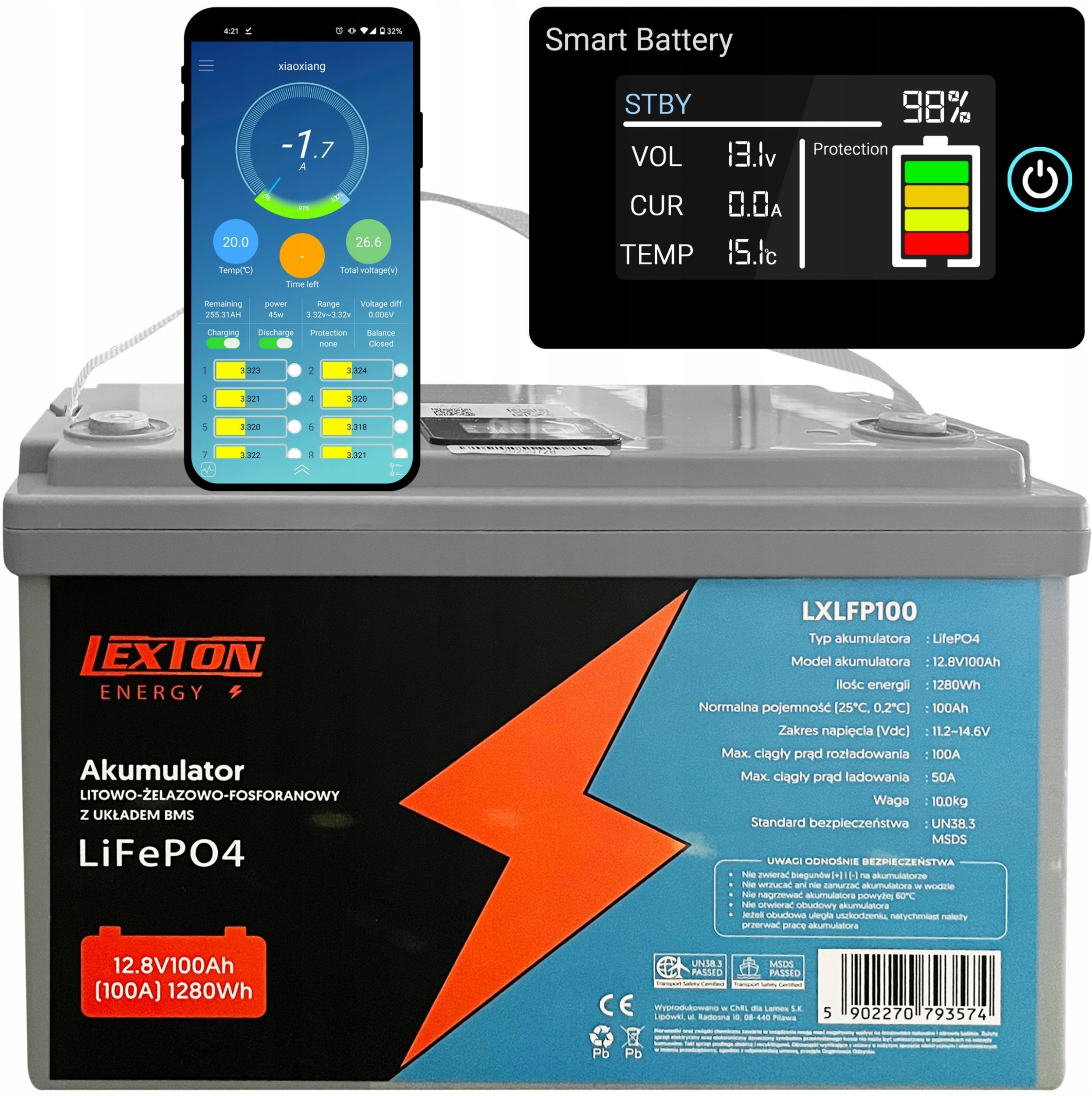 AKUMULATOR LITOWO-ŻELAZOWO-FOSFORANOWY BMS LiFePO4 LCD/Bluetooth 12.8V 70Ah