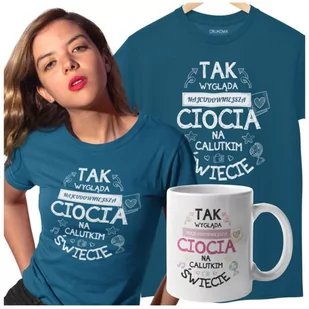 Koszulka dla Cioci w zestawie z kubkiem z nadrukiem "Tak wygląda najcudowniejsza Ciocia na calutkim świecie" w kolorze petrol blue - Moda i Uroda OUTLET - miniaturka - grafika 1