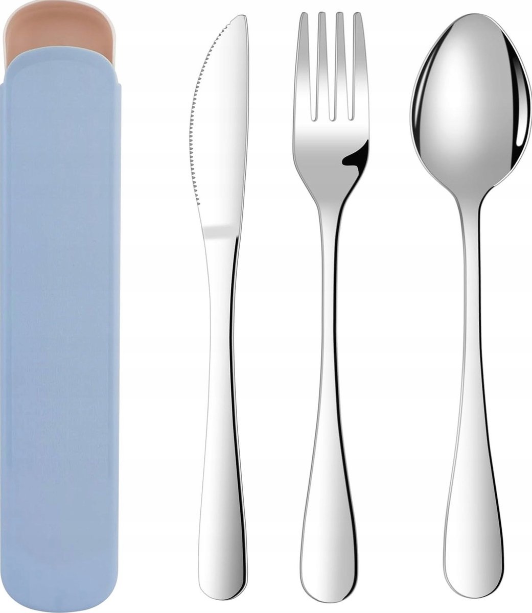 SZTUCIE 3SZT ZESTAW PODROZNE KEMPINGOWE STAL NIERDZEWNA ETUI NIEBIESKIE