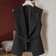 Marynarki i żakiety damskie - TEMU Kobieca Bezrękawnikowa Marynarka - Elegancka Kurtka z Biura na Imprezę, Strukturalna Sylwetka H, Poliester do Prania w Pralce, Pasek w Talii dla - miniaturka - grafika 1