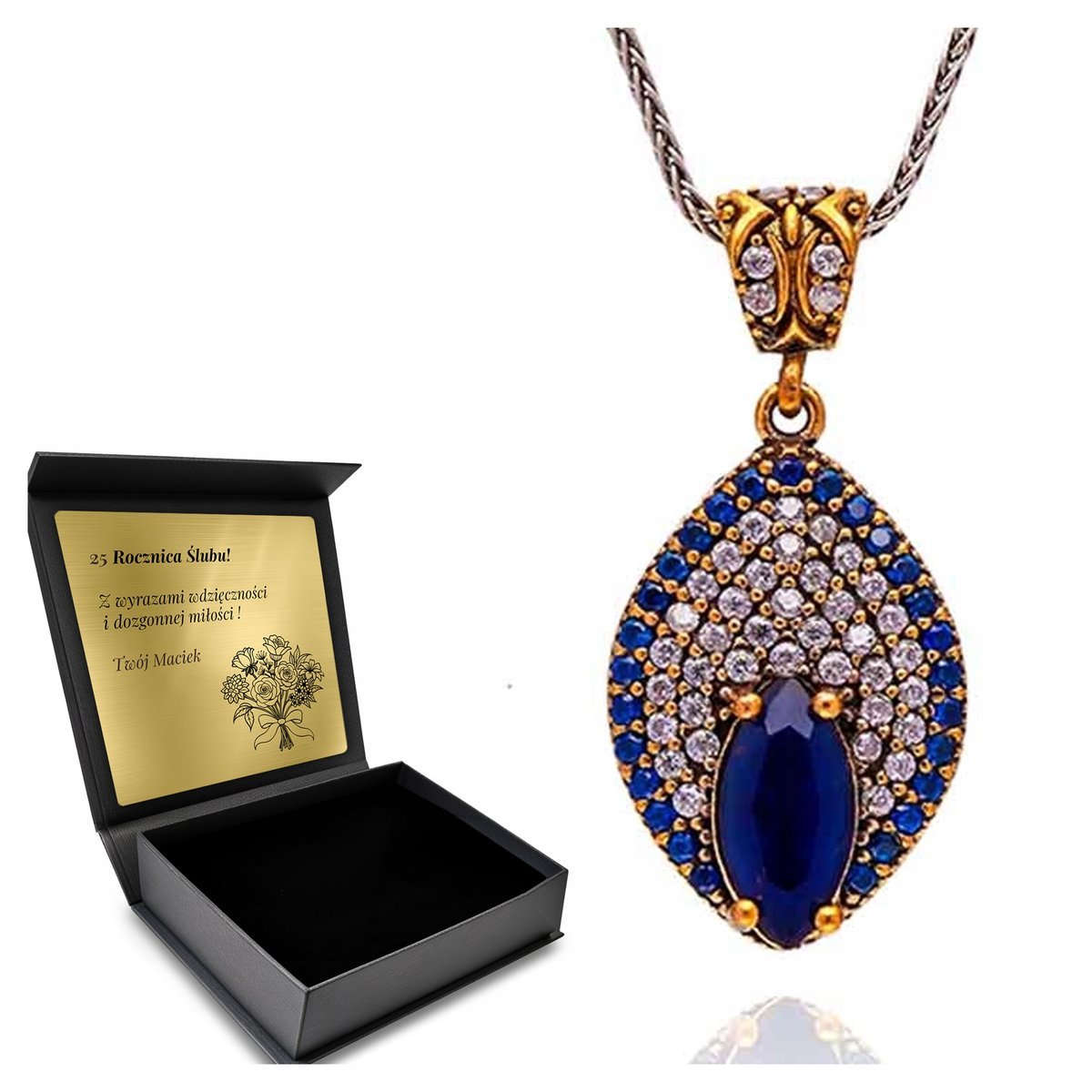 Naszyjnik Srebrny 925 Cyrkonie Szafir Biżuteria Dla Kobiety + Grawer