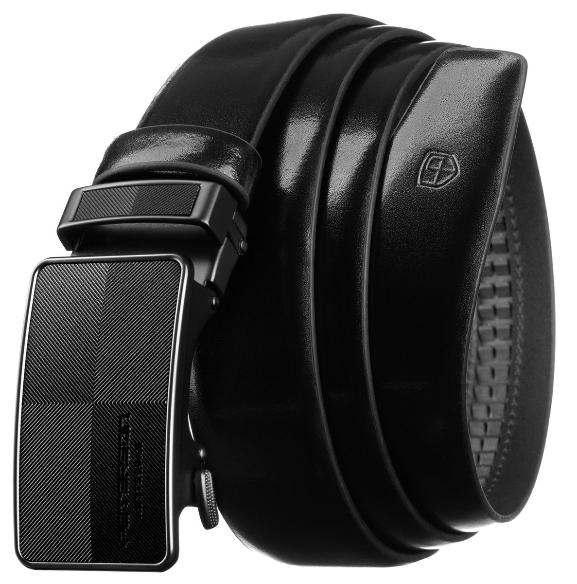 Klasyczny skórzany pasek męski z automatyczną klamrą 85 czarny elegancki do garnituru PETERSON casualowy gładki pasek do spodni