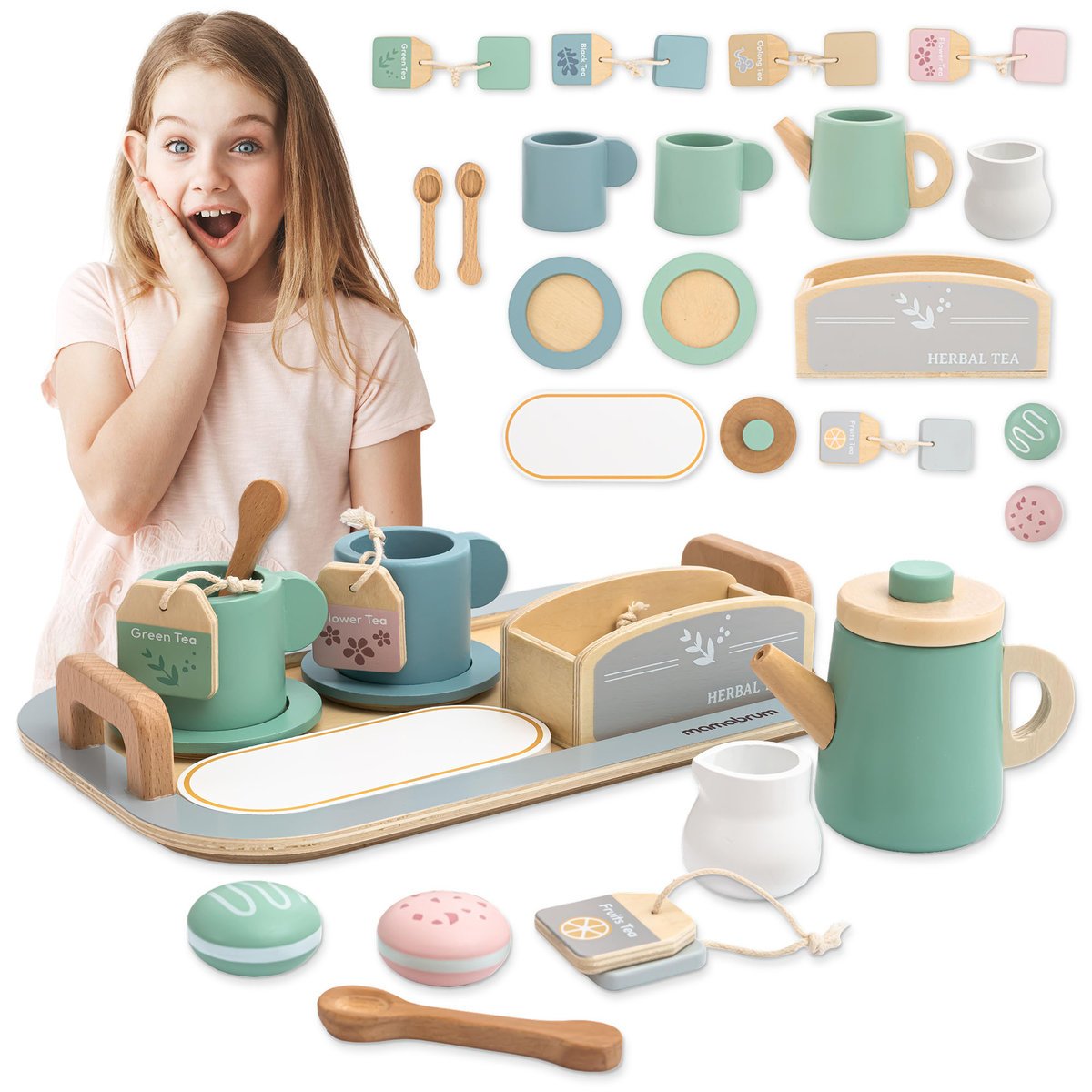 Duży, drewniany zestaw do herbaty z tacą - 18 elementów
