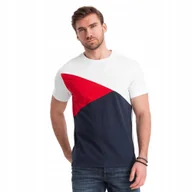 Koszulki męskie - Trójkolorowy t-shirt męski bawełniany biało-granatowy V3 OM-TSCT-0174 L - miniaturka - grafika 1