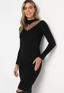 Czarna Dzianinowa Sukienka Midi z Półgolfem i Siateczkowym Dekoltem z Cyrkoniami Faelinn - Sukienki - miniaturka - grafika 1
