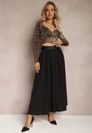 Spódnice - Czarna Rozkloszowana Spódnica z Szerokimi Plisami i Paskiem z Ekoskóry Awhisa - miniaturka - grafika 1