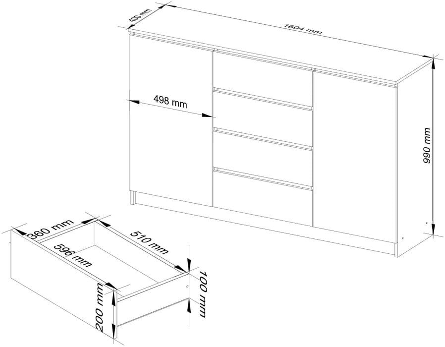 Komoda NORE K160 su 4-iais stalčiais, ąžuolo spalvos