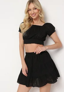 Czarny Ażurowy Komplet z Bawełny Top z Krótkim Rękawem Spódnica z Gumką w Talii Efirie - Komplety damskie - miniaturka - grafika 1