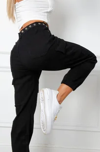SPODNIE JEANSOWE MOM FIT BOJÓWKI + PASEK - CZARNE - Olika - Spodnie damskie - miniaturka - grafika 1