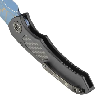 Nóż automatyczny Heretic Pariah-A Custom DLC Aluminium / Carbon Fiber Inlays, Blued Baker Forge AuroraMai Damascus by Tony Marfione Jr. - Noże - miniaturka - grafika 5