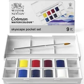 Farby i media malarskie - Winsor & Newton Cotman, Zestaw akwareli do malowania Nieba - 8 Półkostek + Pędzelek - miniaturka - grafika 1