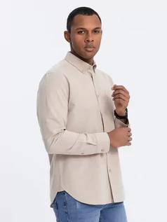 Koszule męskie - Koszula męska bawełniana REGULAR FIT z kieszenią - beżowy V1 OM-SHOS-0153 - grafika 1