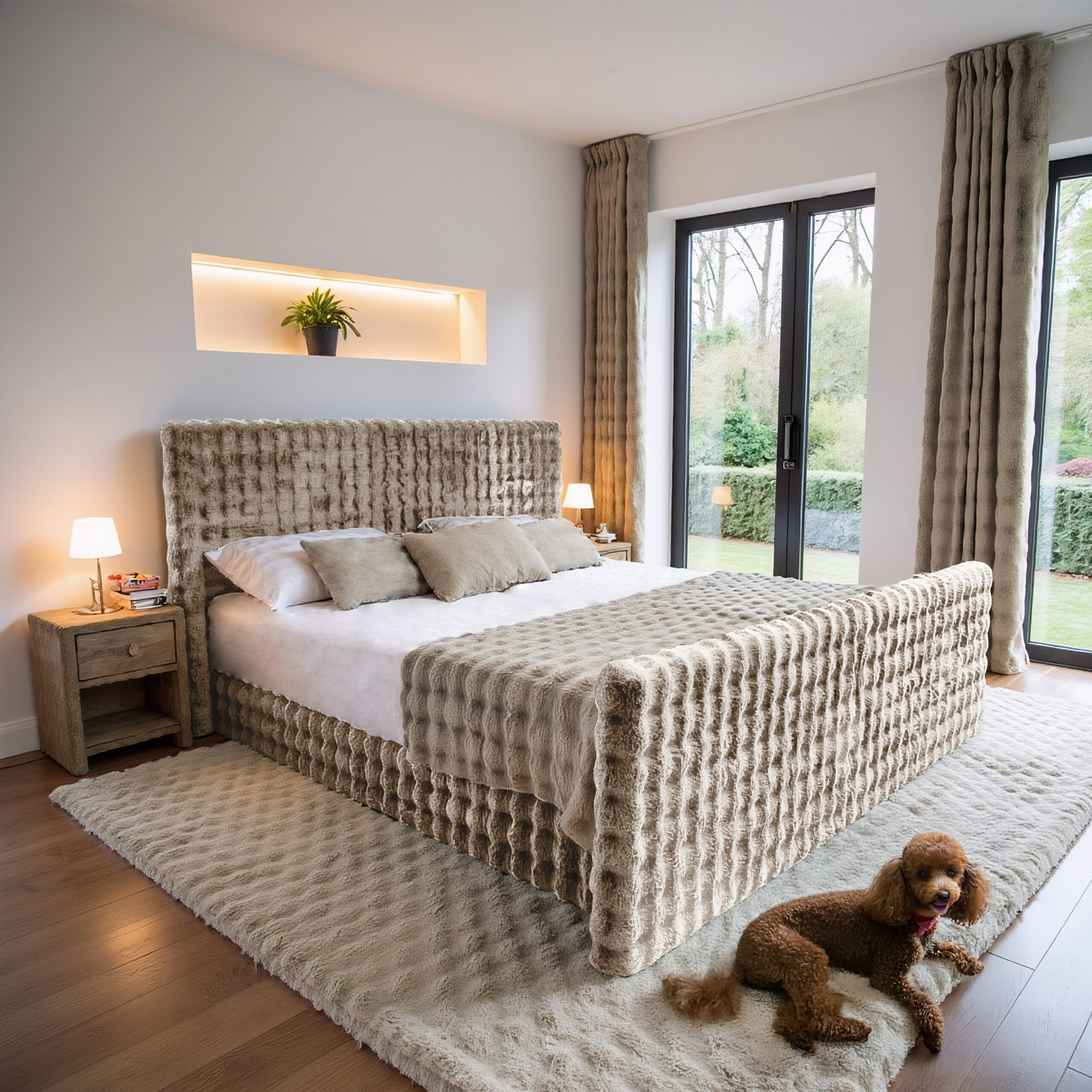 Łóżko kontynentalne BLANKET z funkcją przechowywania, tkanina Bubble 200x200 cm Jasnobrązowy