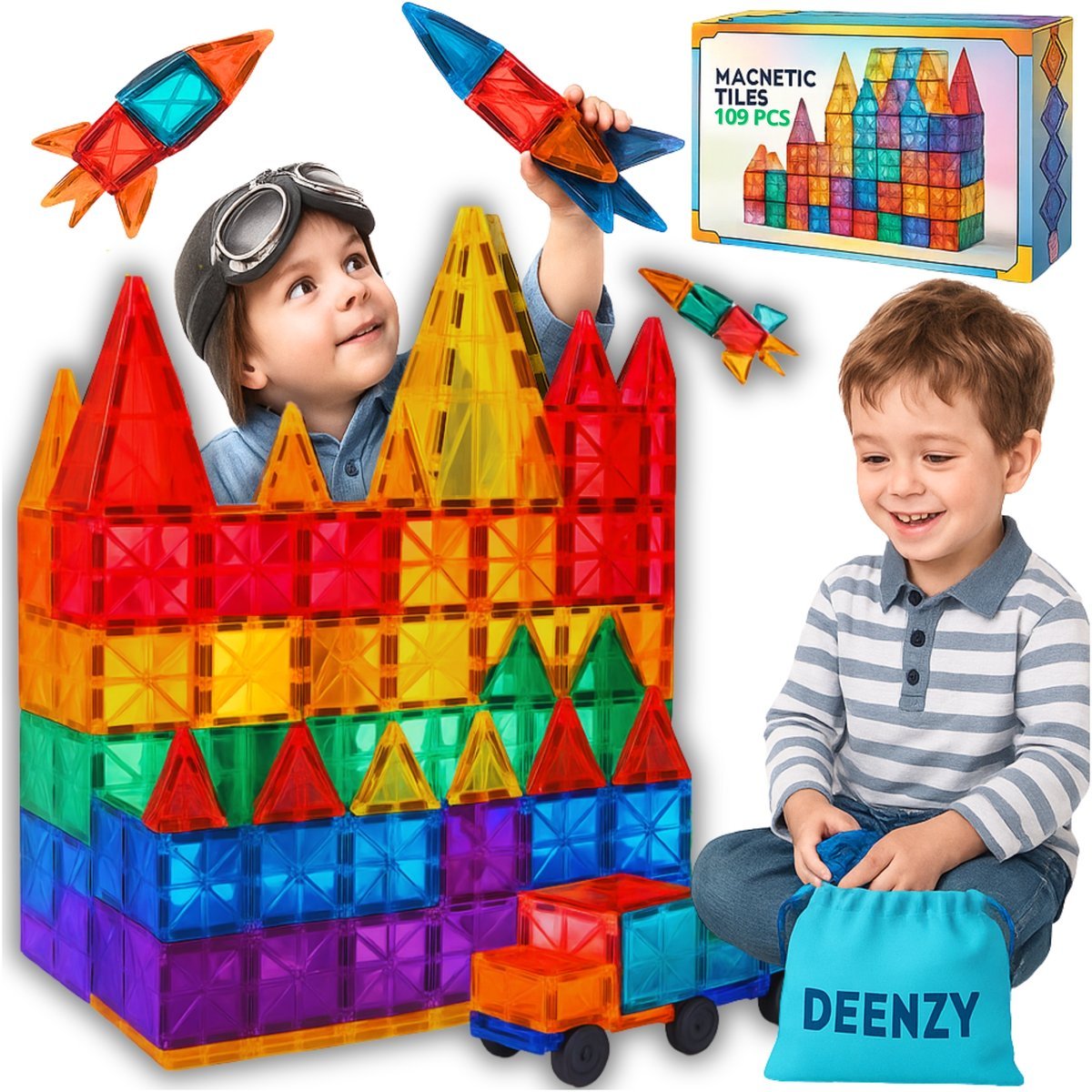 KLOCKI MAGNETYCZNE DEENZY KONSTRUKCYJNE EDUKACYJNE ZESTAW 109 ELEMENTÓW
