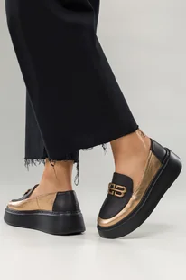 Czarne mokasyny skórzane damskie creepersy na platformie z miedzianą ozdobą miedziane wstawki PRODUKT POLSKI Casu N1093 - Trampki damskie - miniaturka - grafika 1