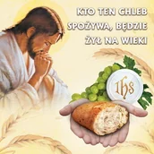 Ikony i obrazy sakralne - Baner na Boże Ciało "Kto ten chleb spożywa będzie żył na wieki" 150x150 cm - miniaturka - grafika 1