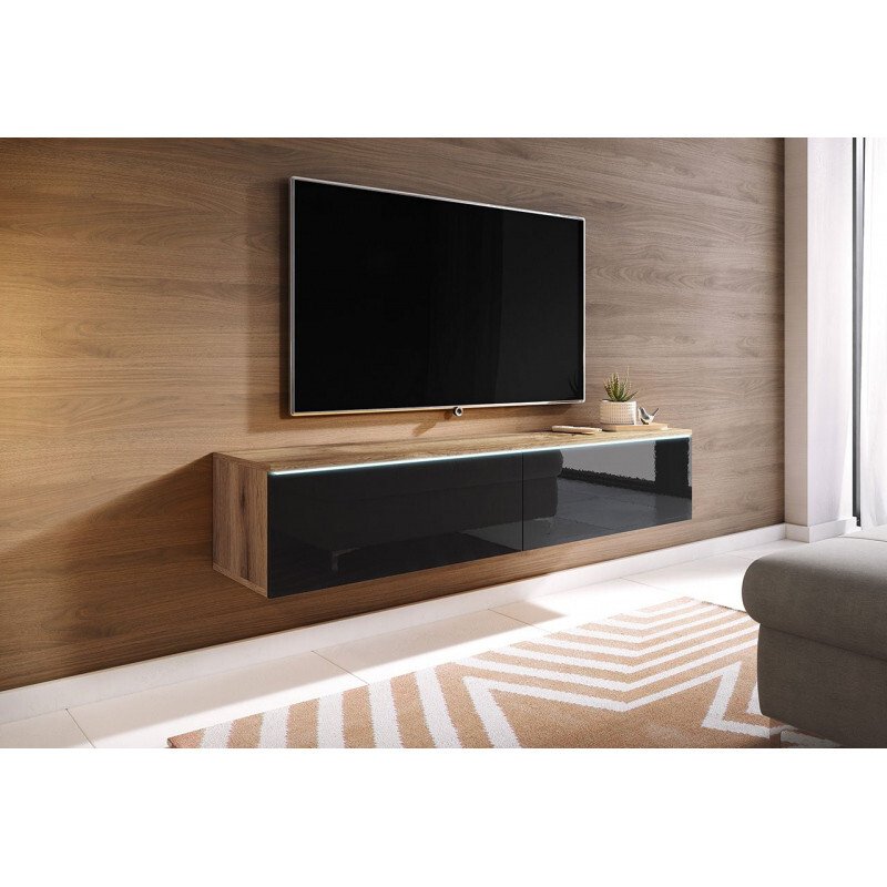 Szafka pod telewizor 140 cm WILLA D – dąb wotan/czarny połysk