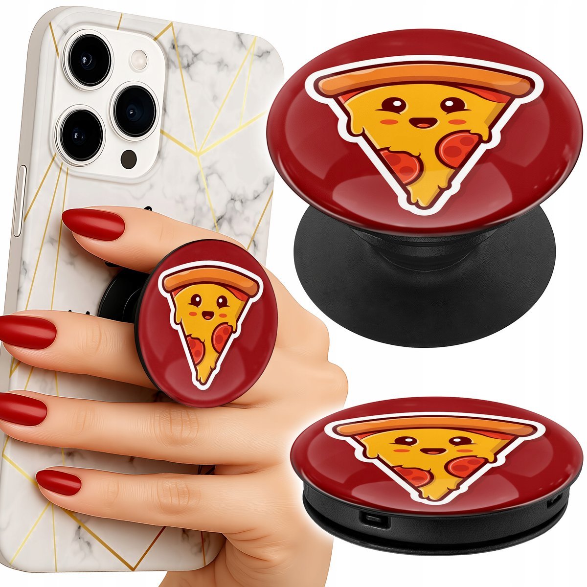 Uchwyt do telefonu Popsocket na palce/stojak WESOŁA PIZZA NA CZERWONYM TLE