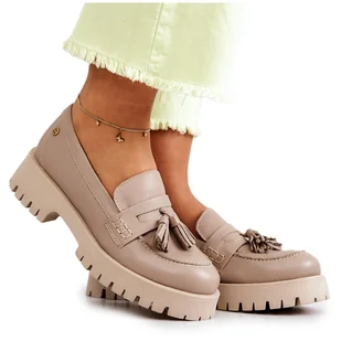 Damskie Skórzane Półbuty Frędzle Maciejka 05497-04 Beżowe beżowy - Półbuty damskie - miniaturka - grafika 1