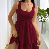 Sukienki - TEMU Sukienka Damska z Falbankami w Liście Liczi – Dekolt Łódka/Bezramienna, Top i Lekka Sukienka Plażowa, Pranie Maszynowe, Jednokolorowa, - miniaturka - grafika 1