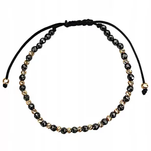 Złota Bransoletka Damska 585 Kulki Na Czarnym Sznureczku Grafitowe Hematyty - Bransoletki - miniaturka - grafika 1
