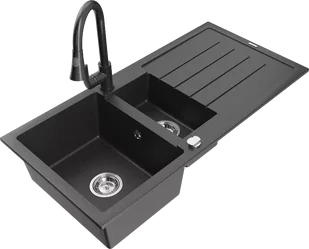 Mexen Andres zlewozmywak granitowy 1,5-komorowy z ociekaczem i baterią kuchenną Elia, czarny nakrapiany - 6515-76-670101-76 - Zlewozmywaki z baterią - miniaturka - grafika 1