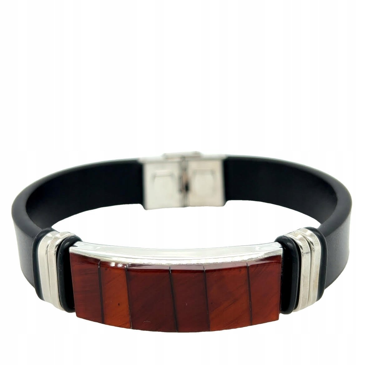 BRANSOLETA MĘSKA BURSZTYN STAL SKÓRA ELEGANCKA