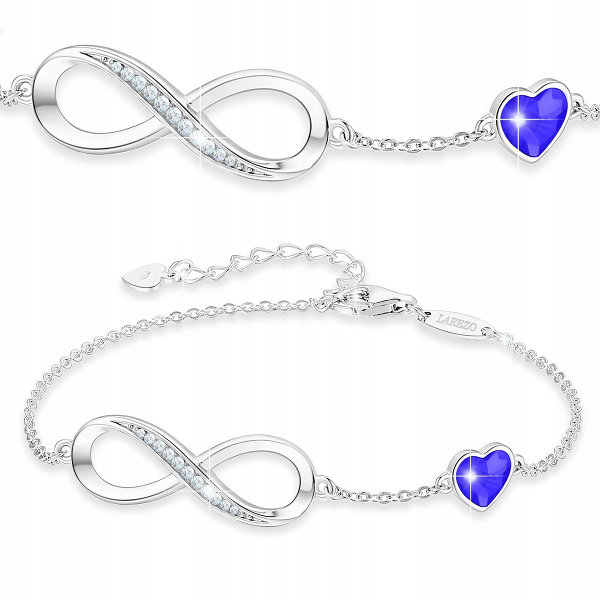Bransoletka Srebrna Niebieskie Serce z Nieskończonością Cyrkonie SREBRO 925
