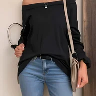Bluzki damskie - TEMU Jednokolorowy, odkryty na ramionach, stylowy T-shirt, swobodny top z długim rękawem na wiosnę i jesień, odzież damska - miniaturka - grafika 1