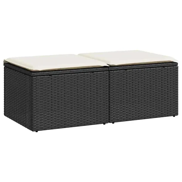 Zestaw wypoczynkowy 2x stołek rattan PE czarny z poduszkami kremowymi 55x5