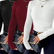 Bluzki damskie - TEMU 3 szt. Damskie Bluzki z Golfem - Casual, Jednokolorowe Koszulki z Żebrowanym Fasonem i Lekkim Rozciągliwością, Do Prania w Pralce, - miniaturka - grafika 1