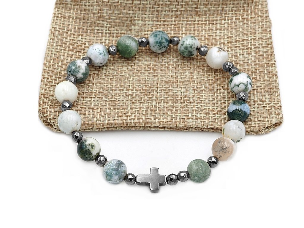 Bransoletka różaniec na rękę agat mszysty grafit sakwa