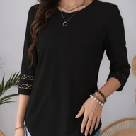 Bluzki damskie - TEMU Elegancka Damska Bluzka z Okrągłym Dekoltem - Dopasowany Krój, Czarna Kolorowa Koszulka o Wyglądzie długiego Rękawa na krótkim rękawie, Średnia - miniaturka - grafika 1