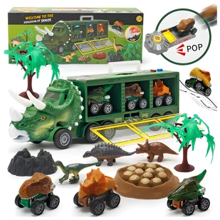 AUTKA DINOZAURY 3 sztuk DINO SAMOCHODY DINOZAUR AUTA MEGA ZESTAW laweta LED - Zabawki konstrukcyjne - miniaturka - grafika 1