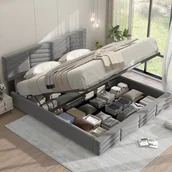 Łóżka - Łóżko tapicerowane Sweiko, łóżko podwójne, hydrauliczne łóżko funkcjonalne, aksamit, styl prążkowany, łóżko kontynentalne, zagłówek z regulacją wysokości, 160 x 200, szary - miniaturka - grafika 1