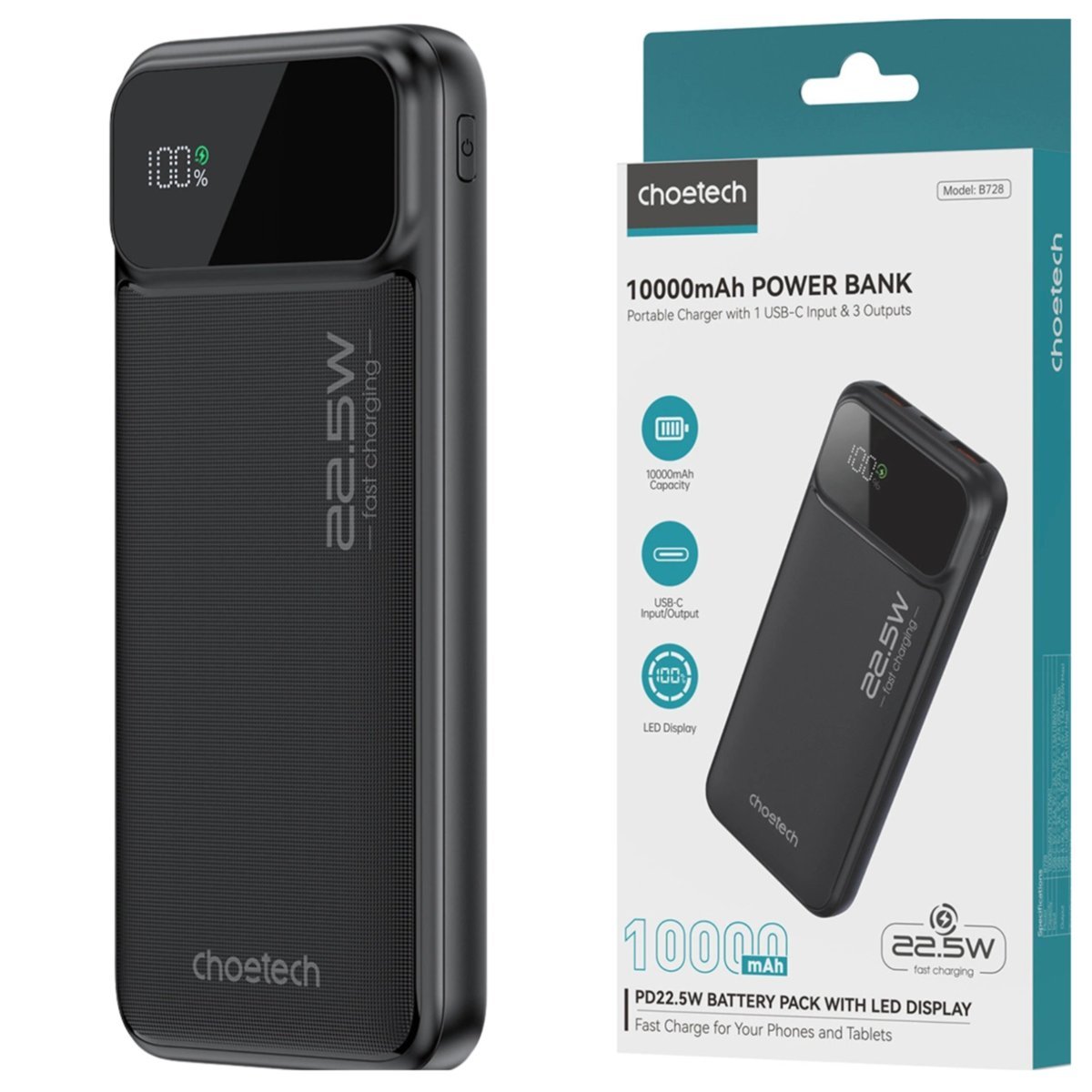 POWERBANK CHOETECH B728 10000MAH 22.5W PD USB-A / USB-C - CZARNY