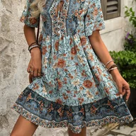 Sukienki - TEMU Elegancka Sukienka A-Line z Krótkim Rękawem i Regulowanym Okrągłym Dekoltem & Plażowa Sukienka z Rozkloszowanym Dołem do Kolan - Lekka, Pranie w - miniaturka - grafika 1