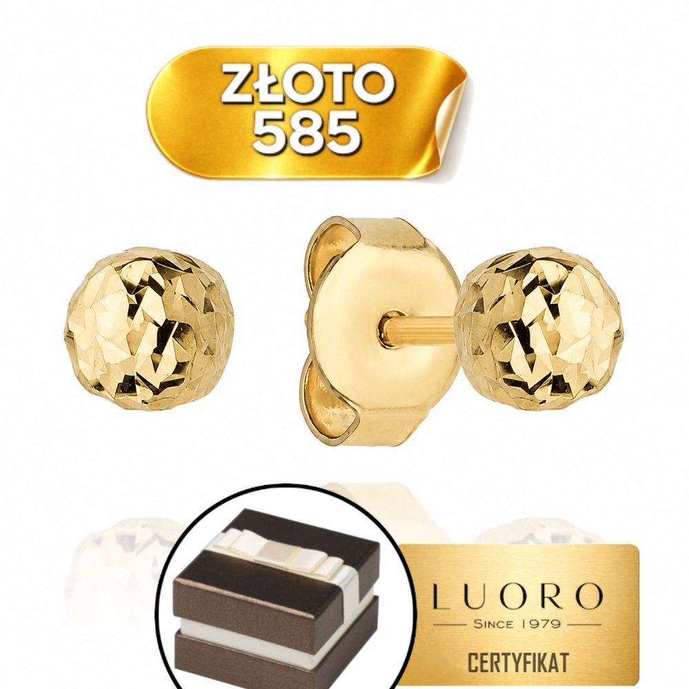 KOLCZYKI ZŁOTE 585 14K KULKI DIAMENTOWANE 6 MM SZTYFT ELEGANCKIE