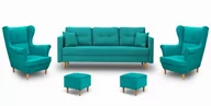 Sofy i kanapy - Komplet wypoczynkowy skandynawski do salonu sofa + 2 fotele z podnóżkami Turkusowy - miniaturka - grafika 1