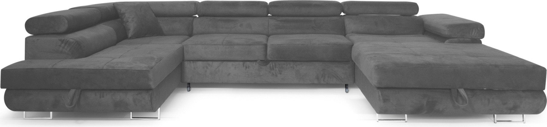 Sofa narożna Aller U XXL z funkcją spania i dwiema szufladami na pościel w kolorze ciemnoszarym, lewa strona