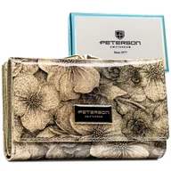 Portfele - Złota portmonetka damska na zatrzask i bigiel portfel w kwiaty skóra naturalna i ekologiczna PETERSON rozbudowany na karty i dokumenty lakierowany e.. - miniaturka - grafika 1