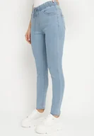 Spodnie damskie - Jasnoniebieskie Dopasowane Jeansy Ozdobione Sznurkiem Banilsa - miniaturka - grafika 1